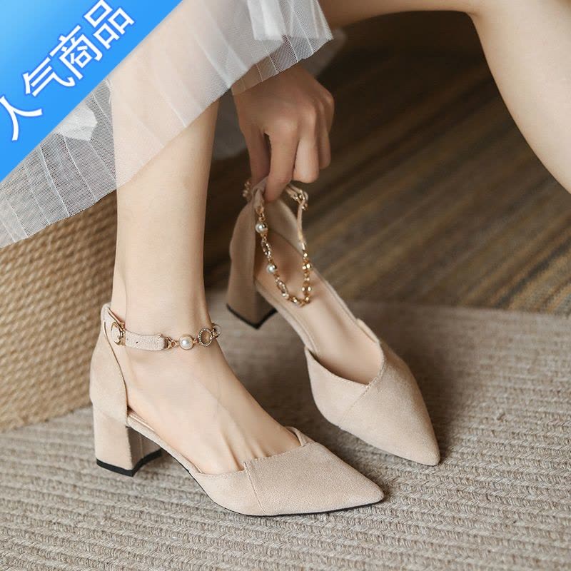 SUNTEK粗跟小码313233中跟包头凉鞋女夏季一字带黑色高跟鞋女珍珠单鞋图片