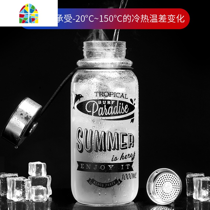 封后玻璃水杯超大容量1000ml泡茶杯男女家用便携保温杯子创意 1600ml(豪华款+隔热杯套款+杯刷+过滤网)可手提可高清大图