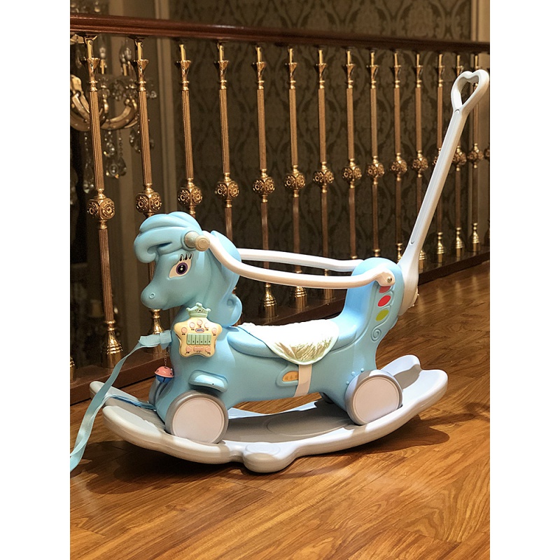 木马 儿童摇马摇摇马婴儿宝宝玩具1-3周岁 塑料两用加厚大号2 神马蓝色靠背+推杆+餐盘+闪光轮高清大图