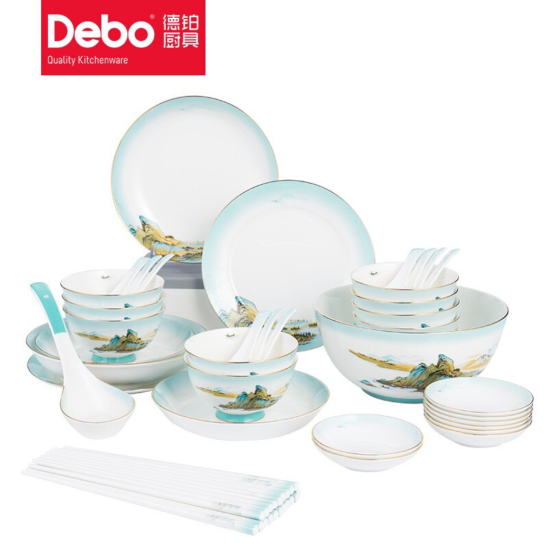 德铂(Debo)绿水青山餐具套装陶瓷碟碗勺盘32件套DEP-767