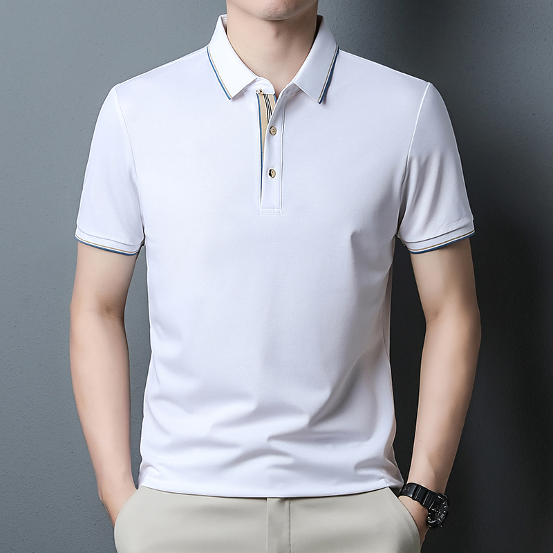 桑蚕丝polo衫男士短袖t恤2024新款夏季免烫抗皱商务休闲半袖上衣短袖t恤男翻领中年纯色免烫抗皱商务休闲polo衫夏薄高清大图