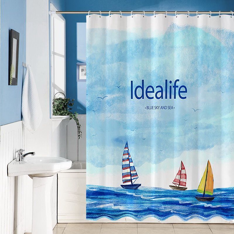 美帮汇北欧数码浴间浴帘水布加厚霉卫生间洗澡帘子浴室隔断淋浴挂帘 蓝色海洋 200x200厘米