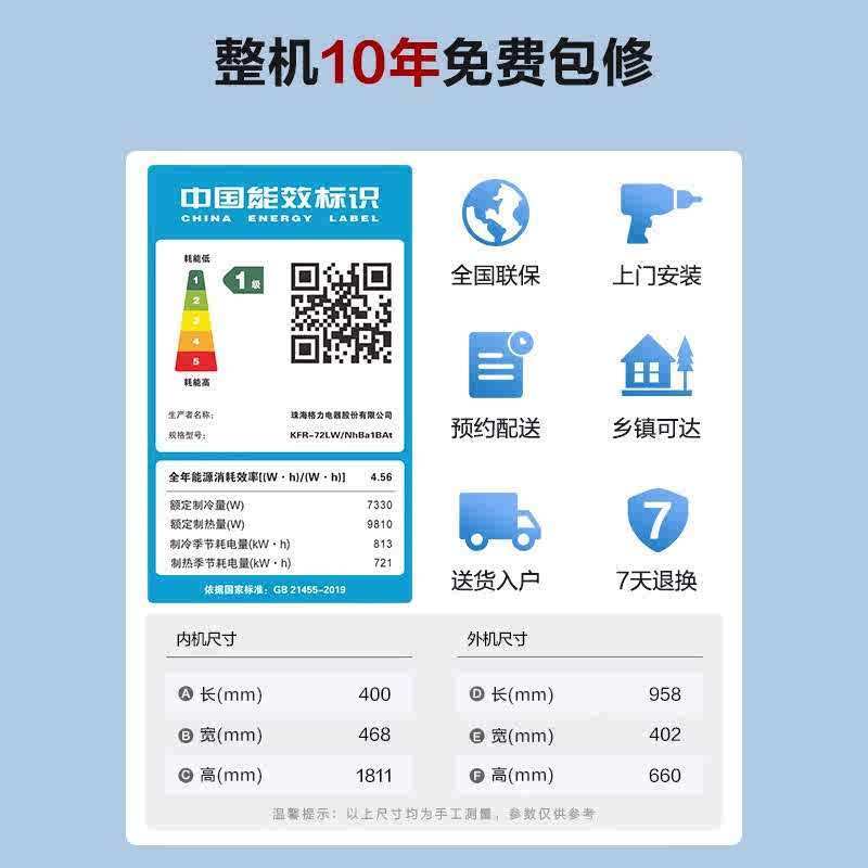 格力空调云锦Ⅲ新能效变频一级3匹圆柱柜机家用空调冷暖 KFR-72LW/NhBa1BAt 立柜式节能省电高清大图