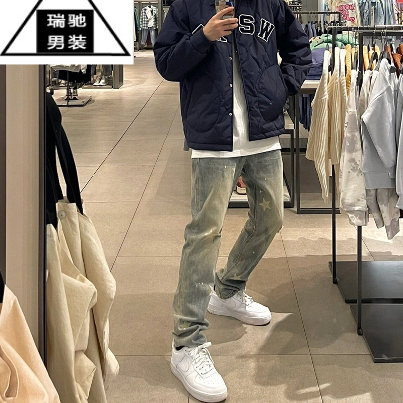 希杰狮王美式高街设计感水洗星星泼墨破洞牛仔裤男休闲宽松直筒长裤ins潮