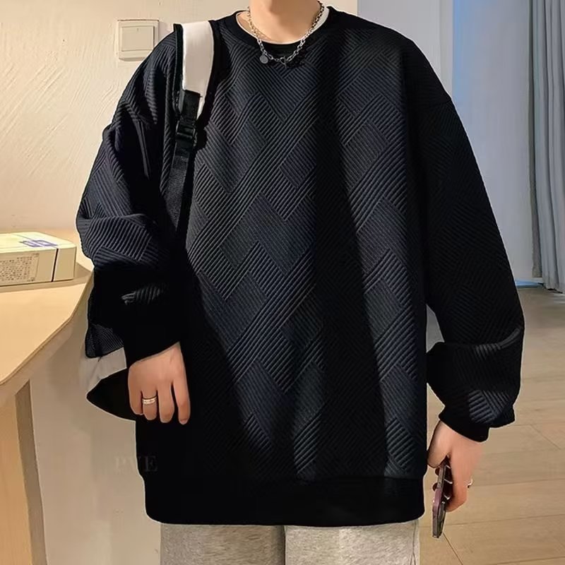 Three Sons华夫格美式无帽卫衣男圆领秋冬新款宽松青少年长袖打底衫