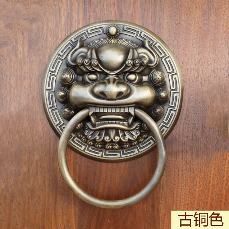 中式仿古铜大兽头环铜狮子头虎头头把手复古木拉手 24cm(黄铜色)实心圆环一只高清大图