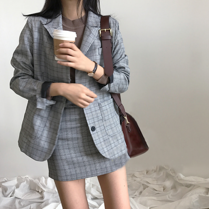 春装韩版复古英伦格子西装外套时尚套装+高腰半身裙短裙两件套女