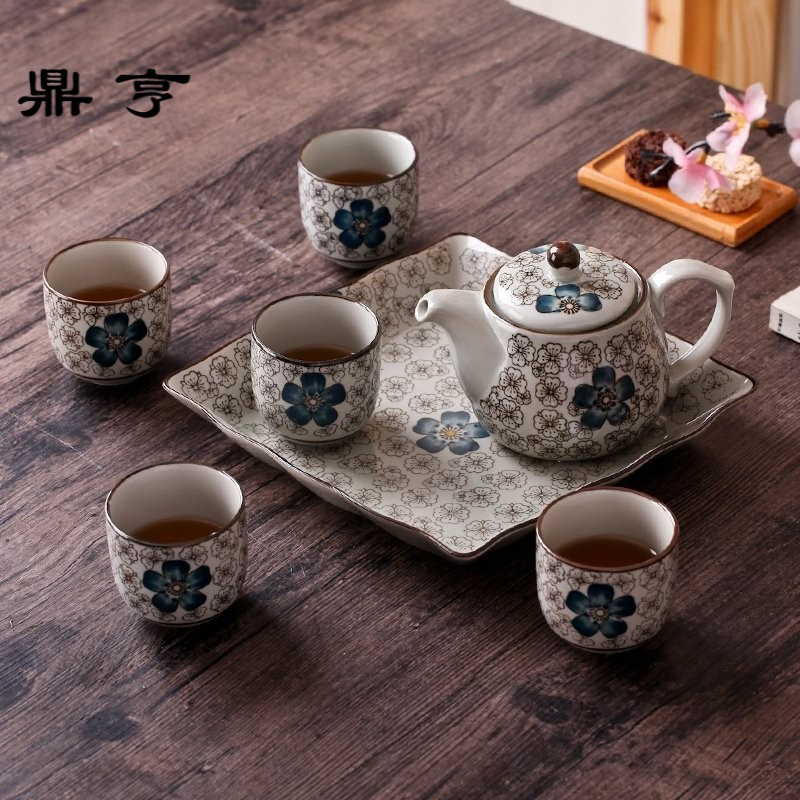 鼎亨日式釉下彩茶具复古茶壶茶杯过滤网陶瓷壶家用功夫茶具套装凉