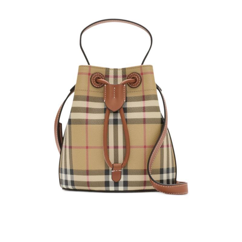 博柏利(BURBERRY)女士格纹抽绳水桶包聚氨酯涤纶棉拼接潮酷百搭配