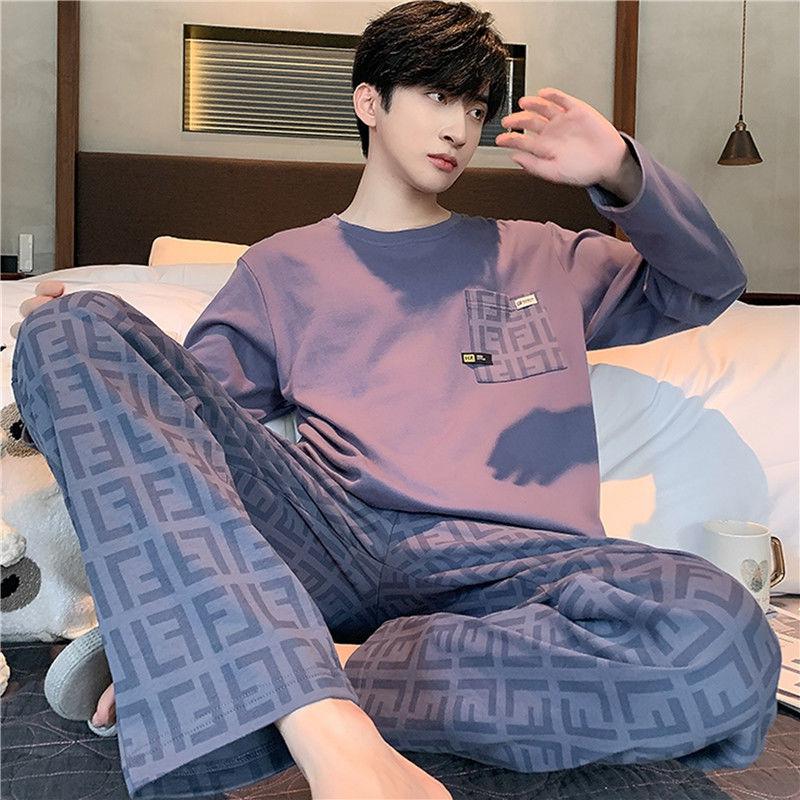 男士睡衣长袖春秋季新款圆领加大码宽松高档家居服套装男高清大图