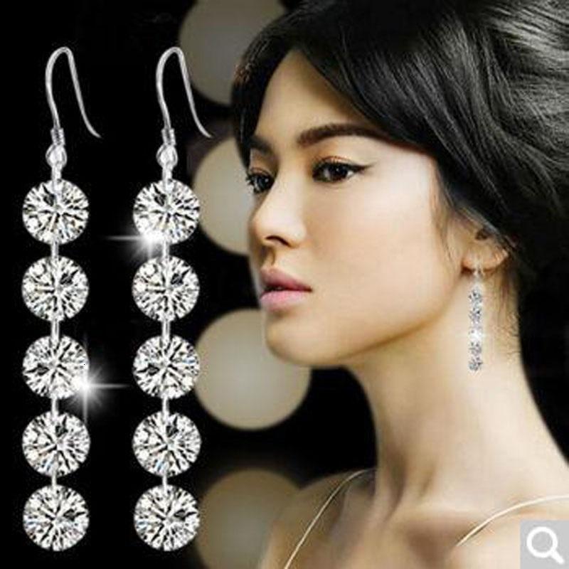 镀925银耳环女款 韩版时尚饰品 五连钻锆石耳环长款耳饰流苏送女朋友七夕情人节礼物