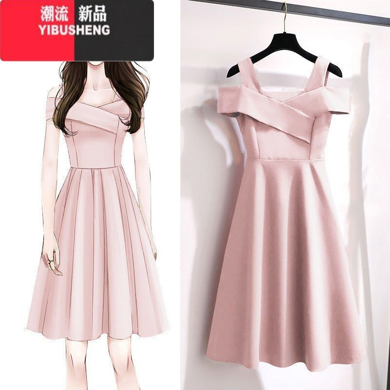 YIBUSHENG大码胖mm遮肚显瘦休闲露肩连衣裙子女2024年装新款收腰裙子女