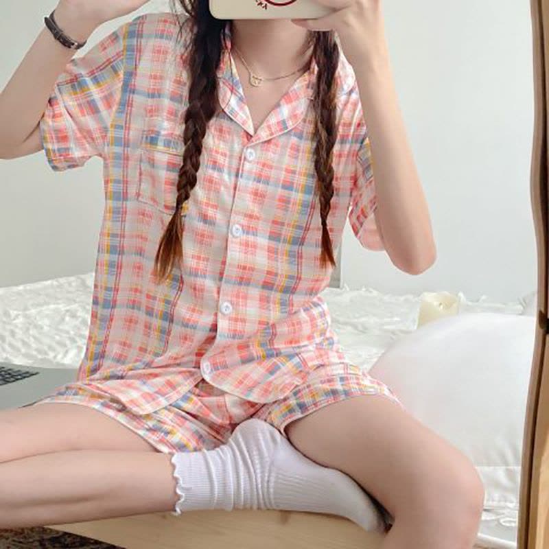 ins夏季睡衣女慵懒风卡通甜美开衫短袖短裤学生两件家居服套装莎丞图片