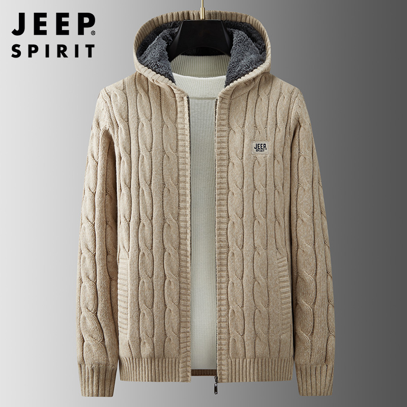 JEEP SPIRIT吉普男士针织衫加绒加厚麻花开衫连帽针织毛衫中青年户外保暖防风外套