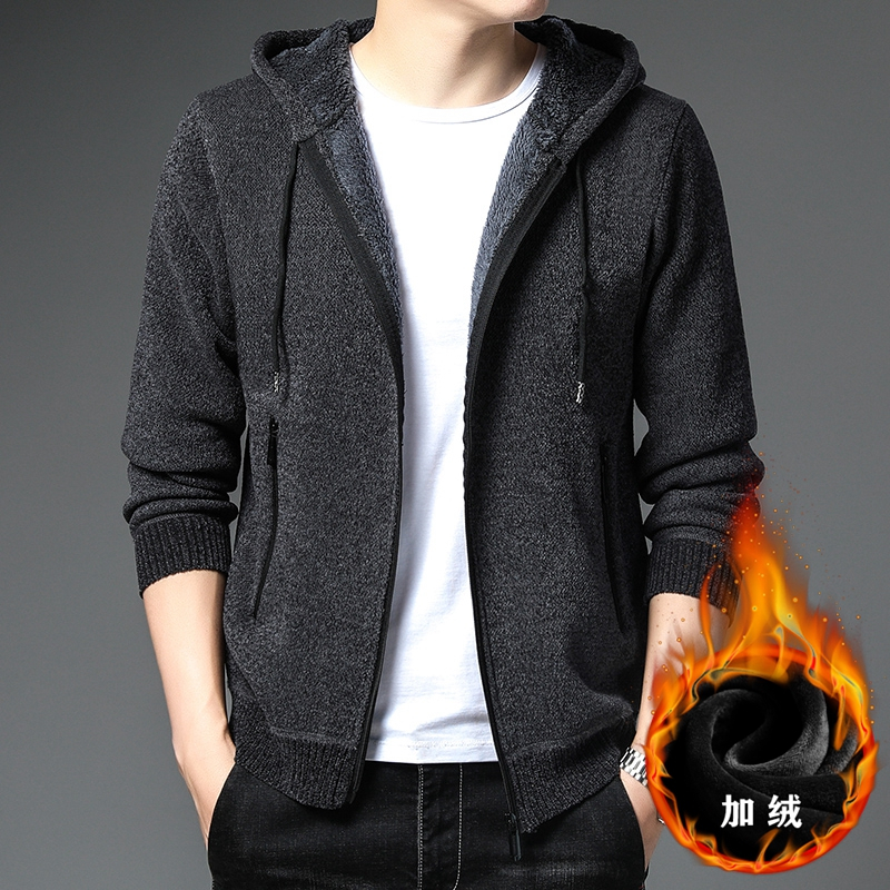 花花公子加绒开衫毛衣外套男士针织衫加厚连帽时尚休闲大码外穿衣服