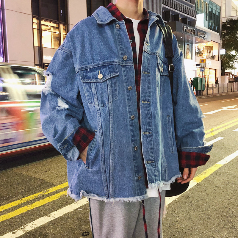 2018春装新品韩版男款宽松显瘦做旧流苏毛边牛仔衣学生夹克短外套