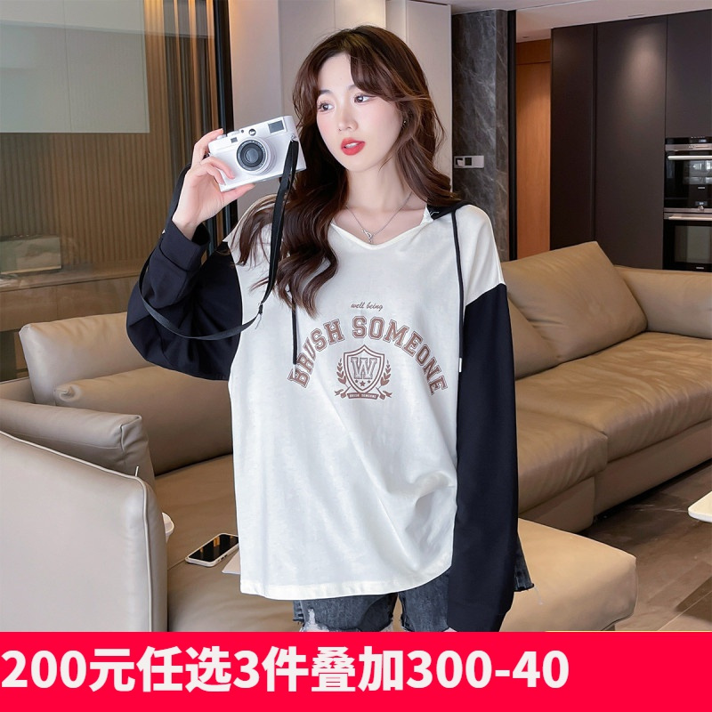 [200元任选3件]唐狮薄款卫衣女夏季新款宽松连帽袖子拼接学院风上衣