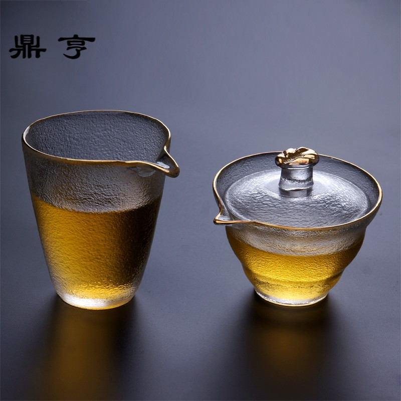 鼎亨手工日式锤目纹玻璃三才盖碗整套描金大号公道杯功夫泡茶具分
