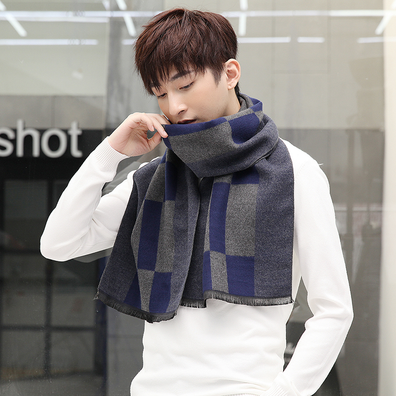 秋冬季上海故事男仿羊绒围巾韩版时尚年轻人百搭简约格子保暖围脖生日