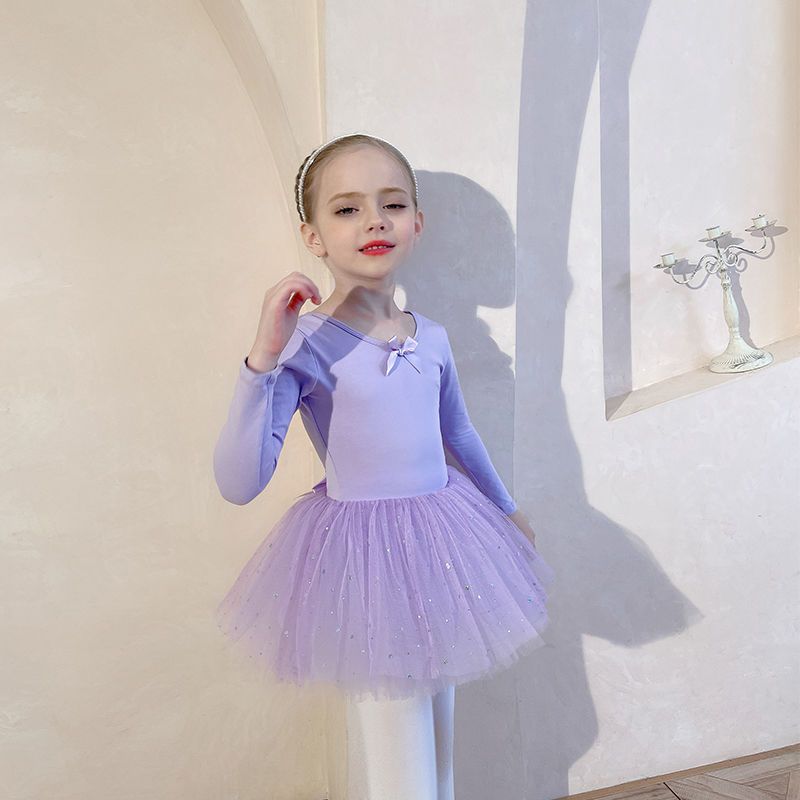 儿童舞蹈服秋季长袖女童练功服冬季紫色亮片纱裙幼儿芭蕾舞裙考级