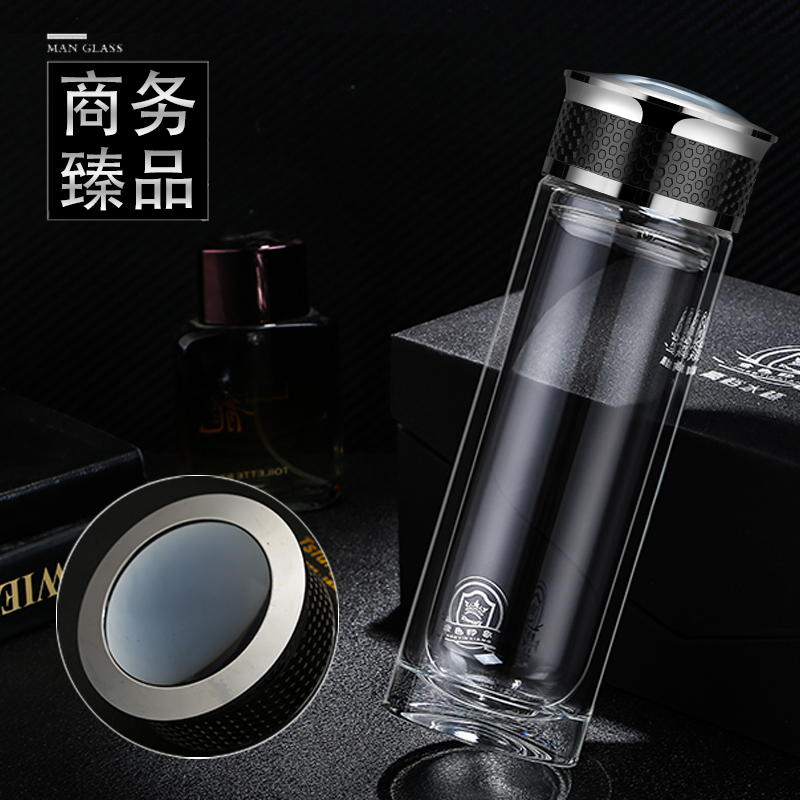 爱自由双层玻璃杯男女士高档透明泡茶水杯家用便携隔热商务办公杯子
