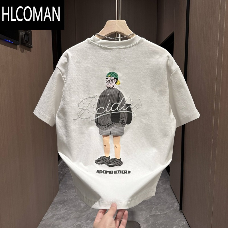 HLCOMAN2025夏季潮流时尚立体发泡彩绘刺绣男士短袖 T恤简约圆领百搭半袖
