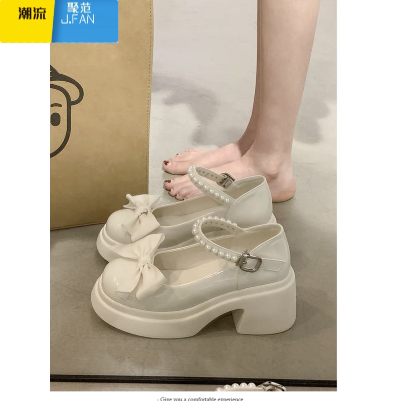 聚范白色法式玛丽珍小皮鞋女厚底中跟增高蝴蝶结配裙子单鞋温柔高跟鞋 米白色升级版 38