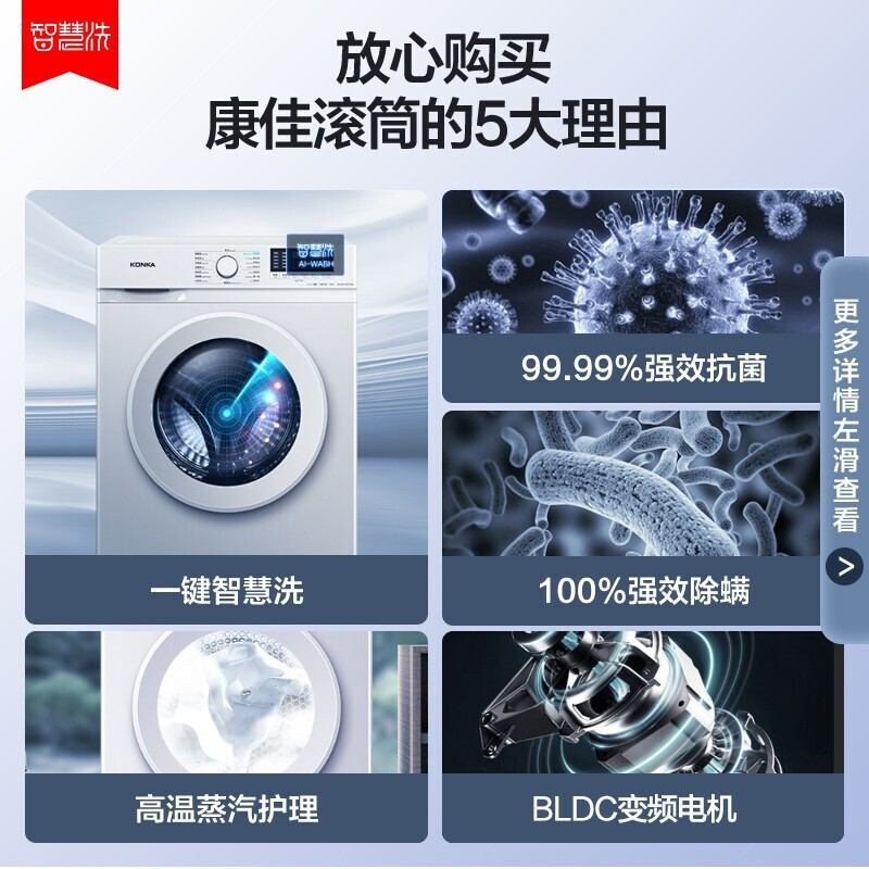 康佳(KONKA)10公斤 一级能效变频全自动滚筒 家用超薄智能高温除菌除螨洗衣机XQG100-BB12581W