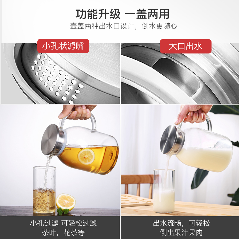 美帮汇家用简约高温热玻璃凉水壶透明加厚花茶壶大号烧水壶茶具套装 单壶2.2L+4个小杯+茶盘高清大图