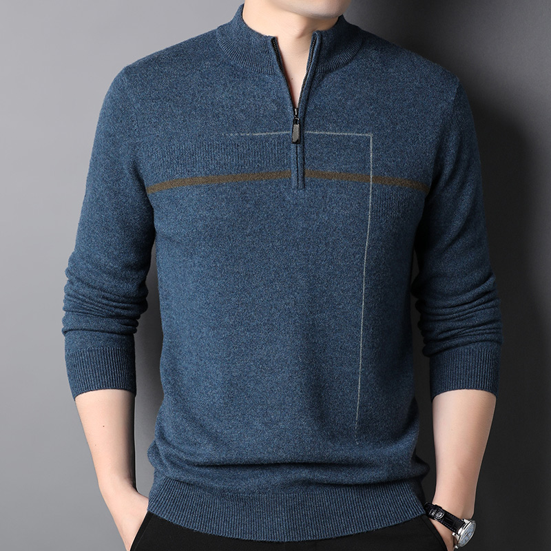 免费试穿100%羊绒毛衣男士羊毛衣拉链领春秋休闲打底纯山羊绒衫品牌毛衣男商务休闲大码毛线衣正品 3639中蓝 180/96A