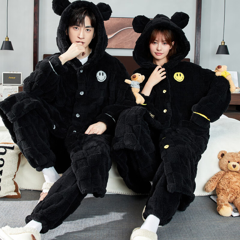 浪莎情侣睡衣男女士冬季法兰绒加长睡袍睡裤套装可外穿卡通风2024新款 情侣笑脸款 男L