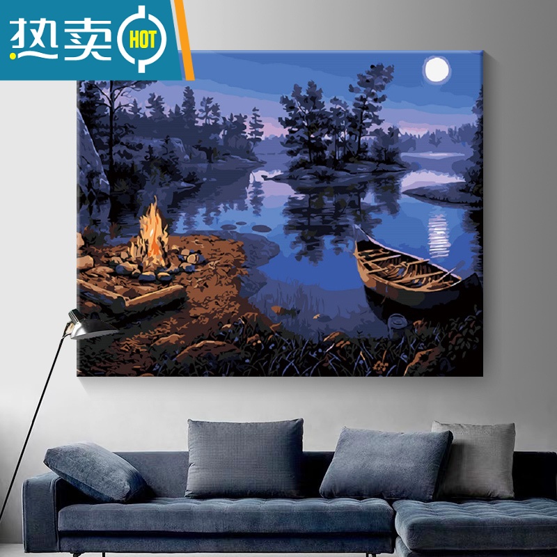 敬平数字油画diy填充填色油彩画手工风景装饰画大小尺寸丙烯画画装饰画 月夜湖边 掌柜推荐4050cm礼品装(送外框)6支画笔+高亮环保颜料+
