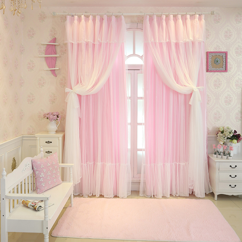 双层韩式梦幻小清新粉色窗帘公主风婚房儿童蕾丝落地遮光窗帘