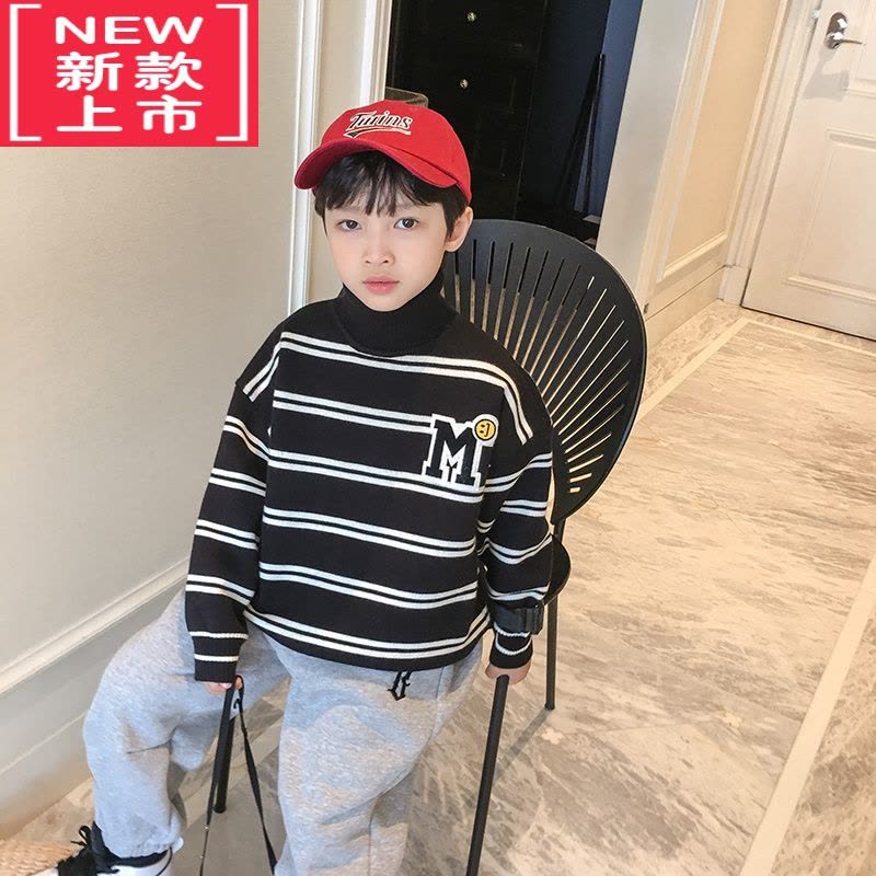 可莉允男童冬装儿童毛衣2022冬季新款条纹加厚保暖男孩高领针织打底衫衣图片