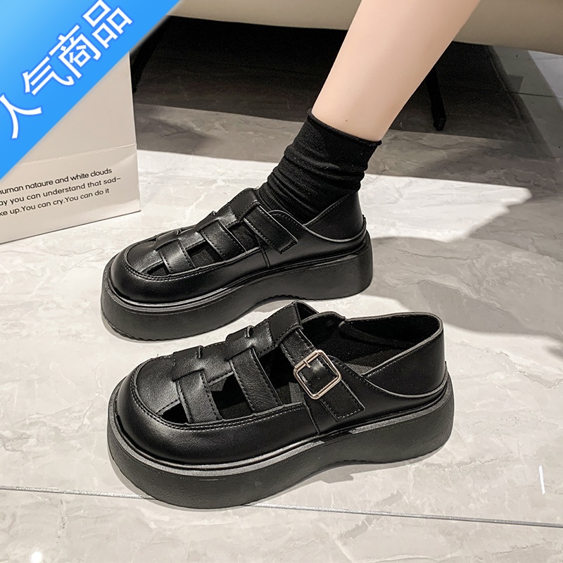 SUNTEK罗马凉鞋女2023年新款包头凉鞋女夏季松糕两穿镂空学院风大头鞋子高清大图