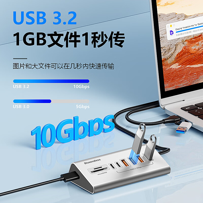 蓝硕usb扩展坞USB3.2分线器HU705C3 4口USB+3typeC 5Gbps高清大图