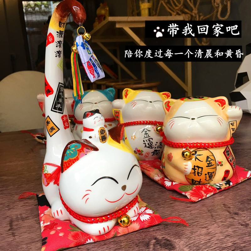 长尾猫小号摆件创意家居摆件办公室桌面店铺开业可爱礼品物 三维工匠 手彩迷你5寸[如意钥匙]
