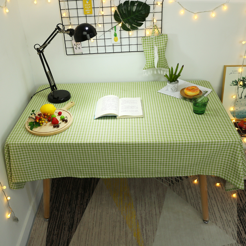 家居网红ins卡其色格子闪电客桌布棉麻学生宿舍电脑书桌台盖布艺 绿色