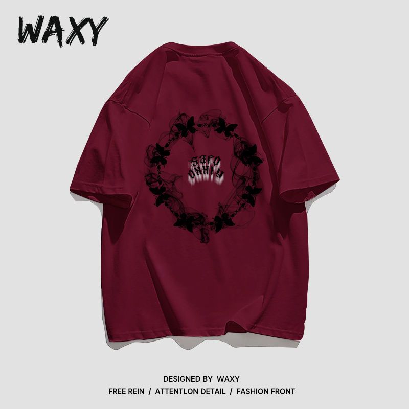 WAXY纯棉国潮环形雾化印花T恤男夏季短袖港风嘻哈宽松学生上衣ins