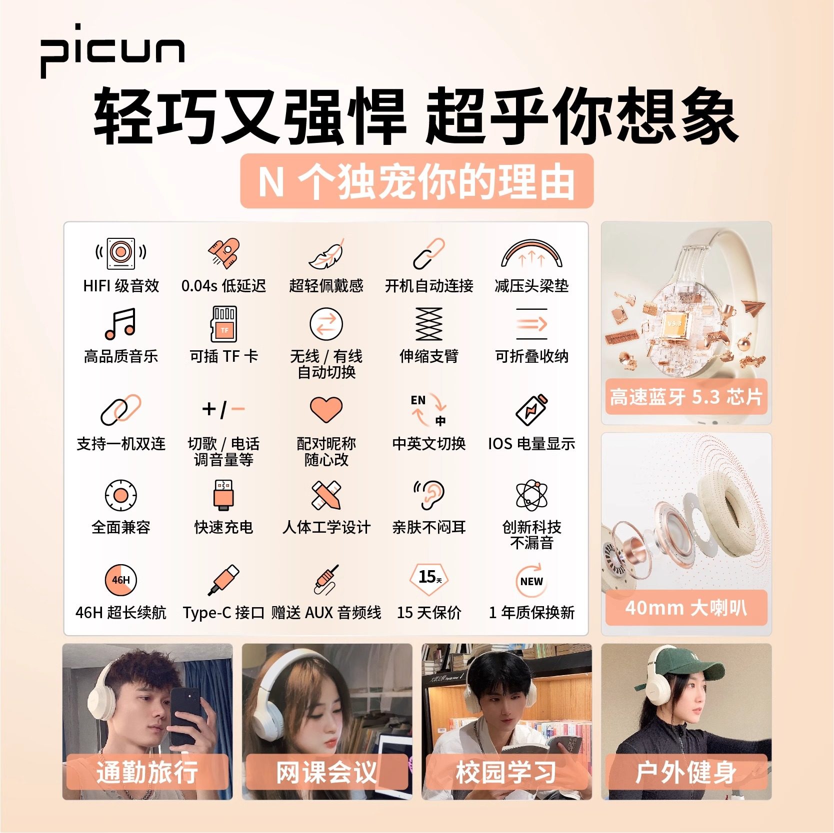 品存(picun)头戴式可折叠支持TF卡低延迟无线蓝牙耳机B-01S高清大图
