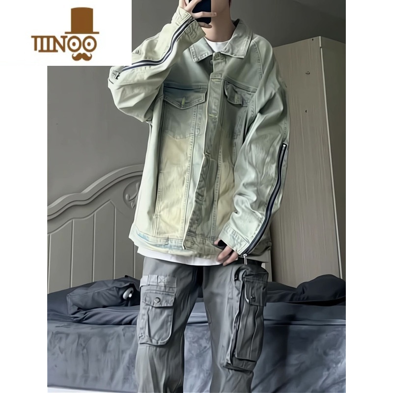 YANXU美式复古牛仔外套情侣潮牌工装黄泥水洗做旧高街港风国潮拉链夹做高清大图