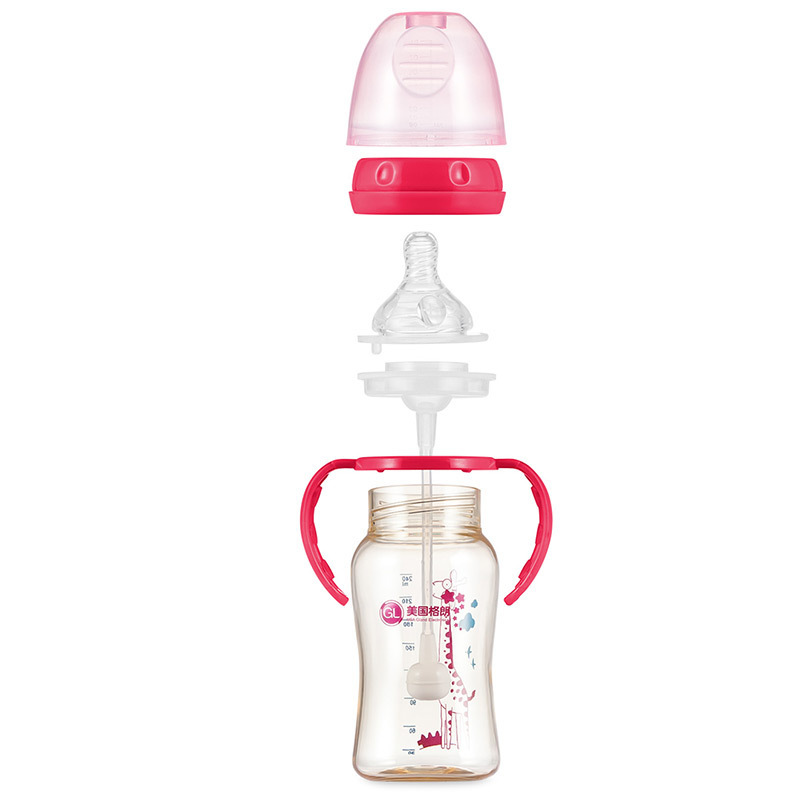 GL格朗 宽口径 婴儿医用食品级耐高温180度带手柄PPSU奶瓶防摔奶杯180ML N-3(酒红色)