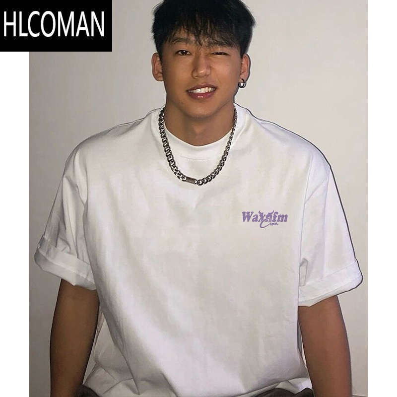 HLCOMAN字母印花短袖T恤男夏季百搭绿色宽松情侣休闲小领口上衣