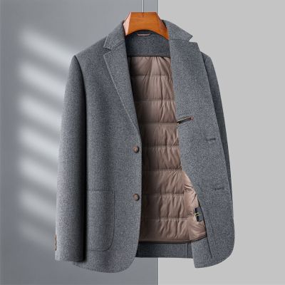 双面呢羊绒大衣可拆卸鹅绒羽绒内胆翻领羊绒呢子连帽双面呢羊绒大衣爸爸保暖秋冬装纯羊毛西装外套冬装新款毛呢外套潮大码男装 加长款/黑色(羽绒内胆+狐狸毛领 4XL