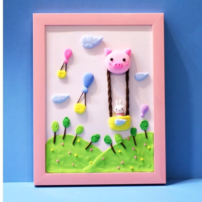 5寸 超轻粘土制作立体相框画儿童手工diy彩泥黏土画圆形木质画框作品