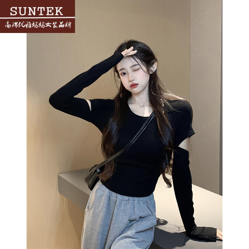 suntek辣妹黑色破洞长袖t恤女韩版2023新款设计感修身显瘦打底上衣