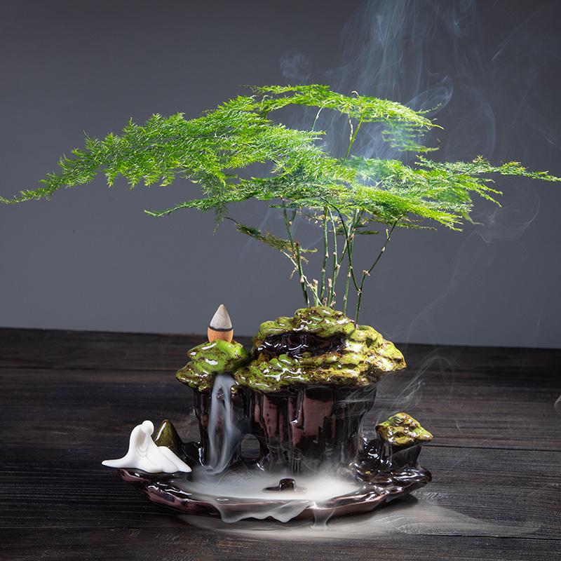 新中式禅意家居绿植装饰品客厅玄关办公室摆件陶瓷倒流香盆栽摆设 三维工匠 桂林山水-禅(送绿植+倒流香)高清大图