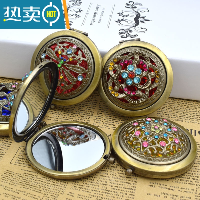 敬平可爱翻盖化妆镜随身便携折叠小镜子玻璃复古铜镜子圆形补妆镜女用 古风2便携式用镜高清大图