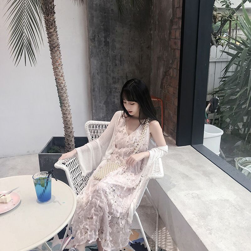 2018夏新款极简主义粉色超仙露背无袖连衣裙仙女长裙女chic带裙