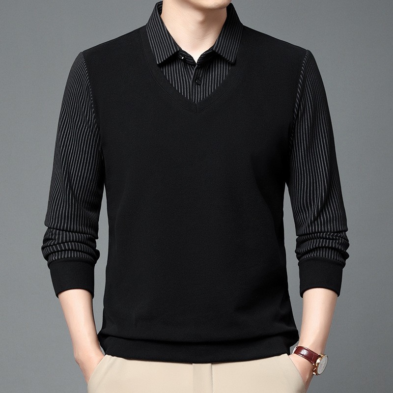 秋冬季新款羊毛桑蚕丝假两件男士爸爸装休闲保暖德绒打底衫男高清大图